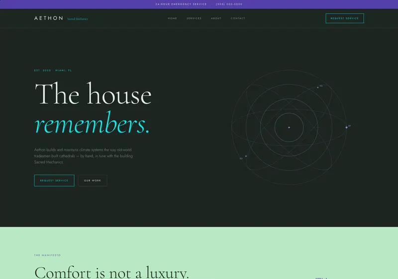 AETHON — sacred mechanics website template preview by FloriYEAH, built for HVAC · climate · mechanical · trades · building systems