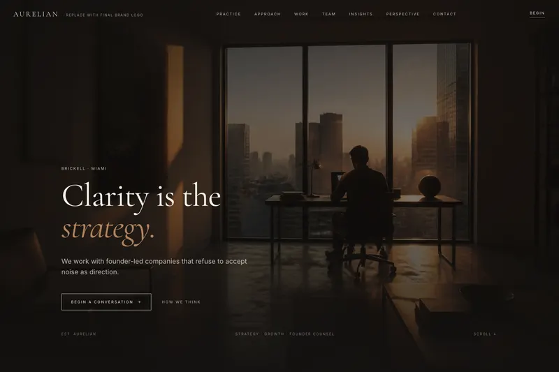 AURELIAN — dark editorial website template preview by FloriYEAH, built for Advisors · legal · founder counsel · high-ticket B2B